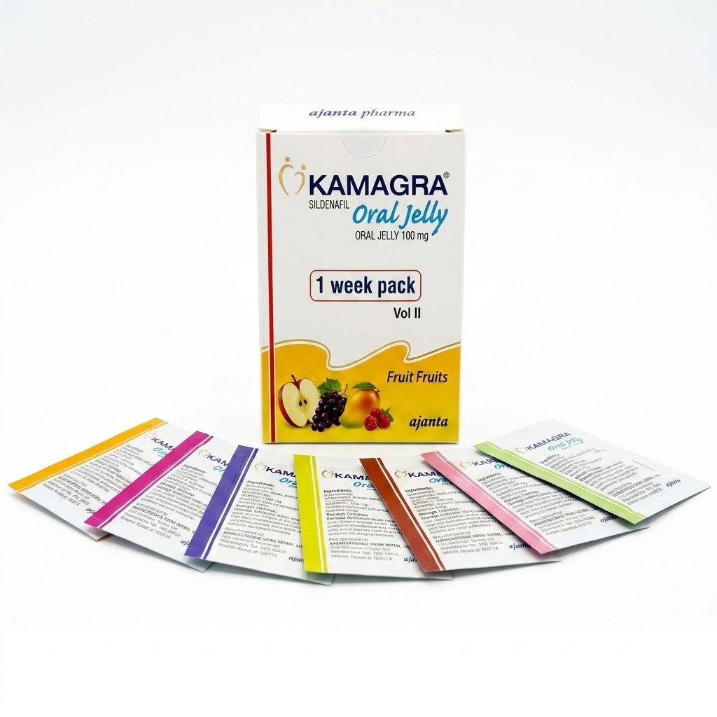 IMG1481 에프페시아 세마볼릭 등 정품 당일출고 최저가 모여몰 Kamagra oral jelly box with fruit imagery and colorful sachets arranged in front on a white background