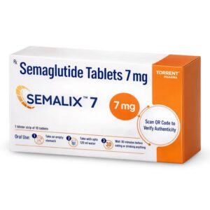 Box of Semaglutide Tablets 7 mg (Semalix 7) with orange right panel, white and blue packaging, shows dosage 7 mg and QR code circle on front.
