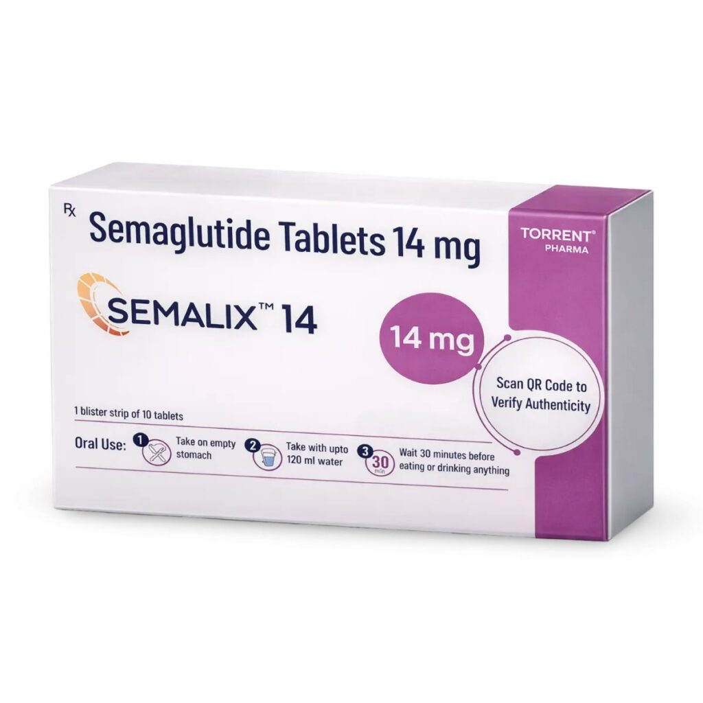 Box of Semaglutide tablets Semalix 14 14 mg with purple accents and a QR code for authenticity verification Torrent Pharma